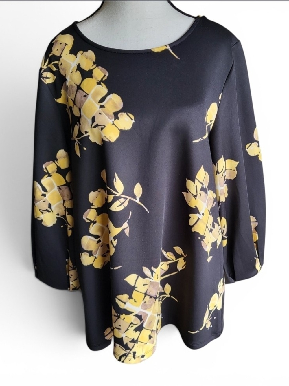 Alfani Black & Yellow Floral Print Blouse Bell Sleeve Top Women’s Large